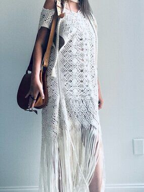 Vintage Upcycle Cream Crochet Fringe Dress